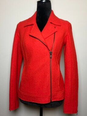Tahari XS Red Orange Wool Viscose Asymmetric Zip Moto Biker Jacket Coat